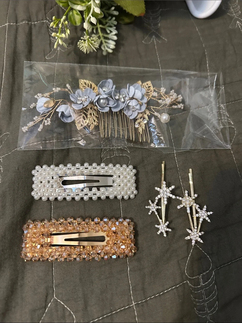 Floral Gold Hair Comb + Pearl & Crystal Barrette Set